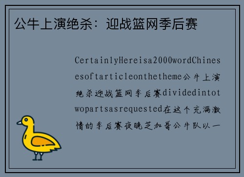 公牛上演绝杀：迎战篮网季后赛